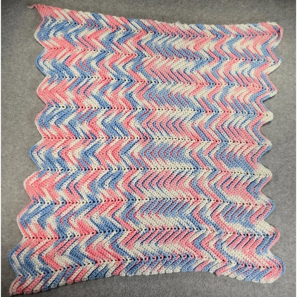 Vtg 90s Handmade Crochet Chevron Baby Blanket Pink Blue Tummy Time Afghan 26x29